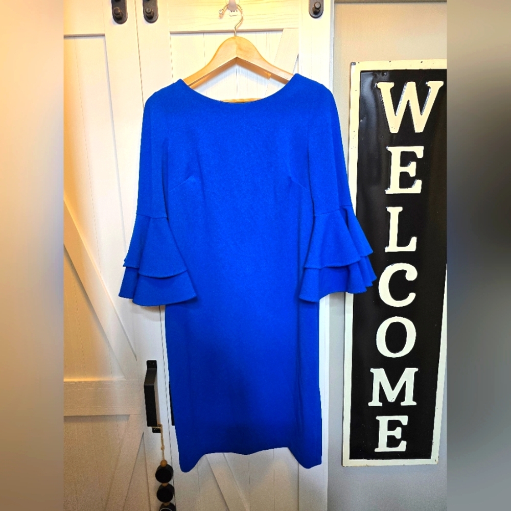 Calvin Klein sz 12 Blue bell sleeve sheath dress.